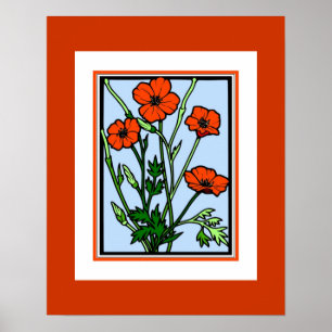 Affiche Art Vintage Orange Coquelicots Rouges