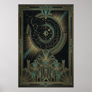 Affiche Astrolabe Céleste Art Déco   Vert sarcelle