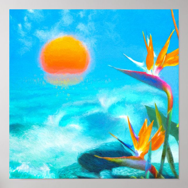 Affiche BEACH SUNSET Oiseaux du Paradis (Devant)