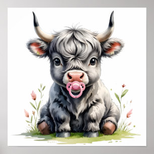 Affiche Bébé Vache Highland Fleurie Rose