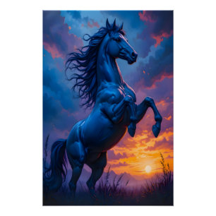 Affiche brillante Cheval Bleu Coucher de Soleil Fa