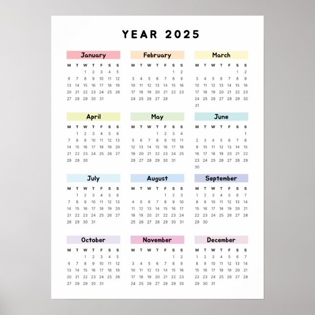 Affiche Calendrier minimaliste Arc-en-ciel 2025 (Devant)