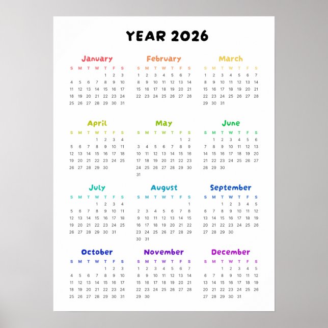 Affiche Calendrier minimaliste Arc-en-ciel 2026 (Devant)