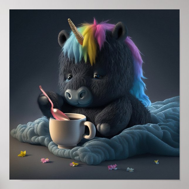 Affiche carré d'une licorne noire mignonne (Devant)