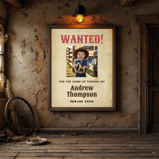 Affiche d'anniversaire de cowboy recherché de l'Ou (Western Cowboy Birthday Wanted Poster)