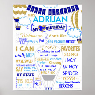 Affiche d'anniversaire en or et bleu en montgolfiè