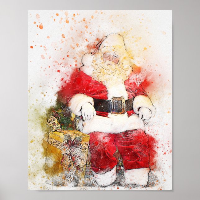 affiche d'aquarelle de Noël du Père Noël, imprimer (Devant)