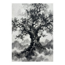 Affiche d'arbre au lavis d'encre | Art Zen Japonai