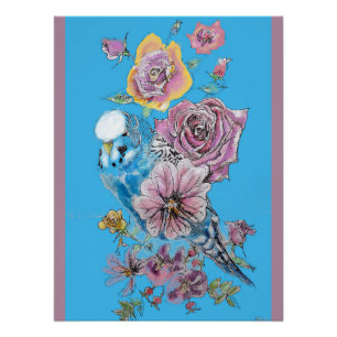 Affiche d'art à l'aquarelle au pastel Budgie bleu