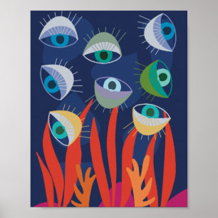 Affiche d'art abstrait tendance bleu eau yeux océa