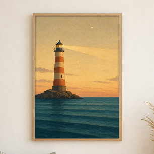 Affiche d'art aquarelle de phare au crépuscule sur