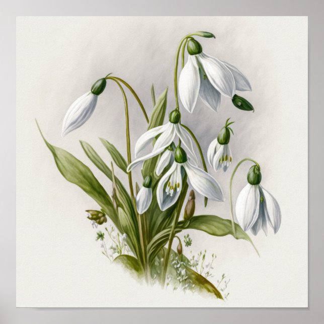 Affiche d'art de fleurs de perce-neige blanches (Devant)