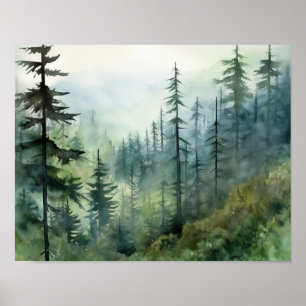 Affiche d'art de paysage de forêt brumeuse