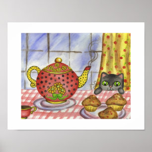 Affiche d'art de théière de chat