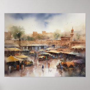 Affiche d'art en aquarelle de Marrakech Maroc