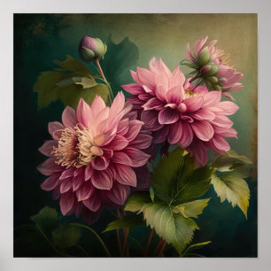 Affiche d'art floral aux dahlias roses