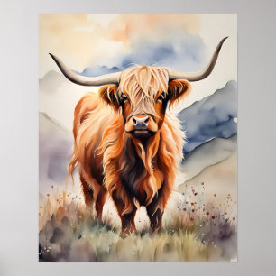 Affiche d'art mural aquarelle de vache highland po