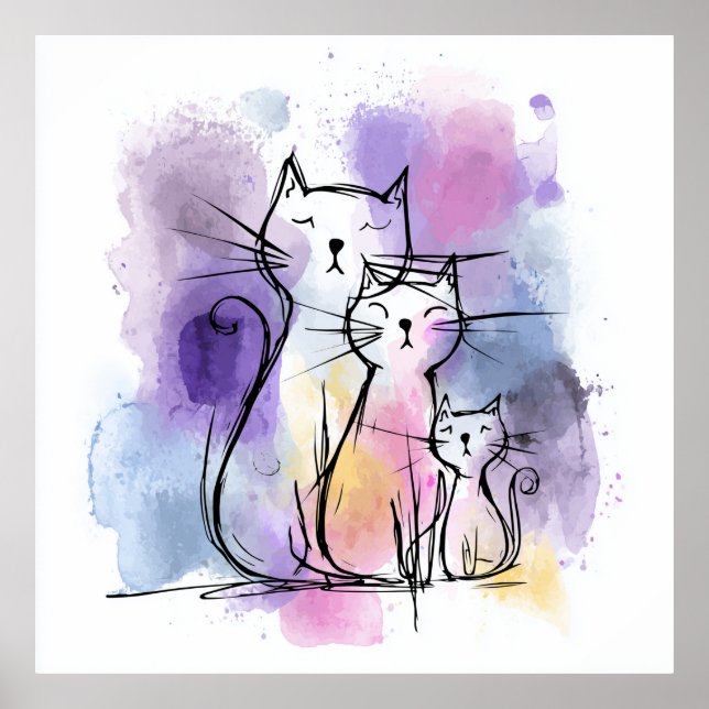 Affiche d'art mural giclee aquarelle Famille de ch (Devant)
