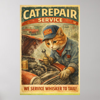 Affiche d'art mural Rétro Vintage Chat Mécanicien