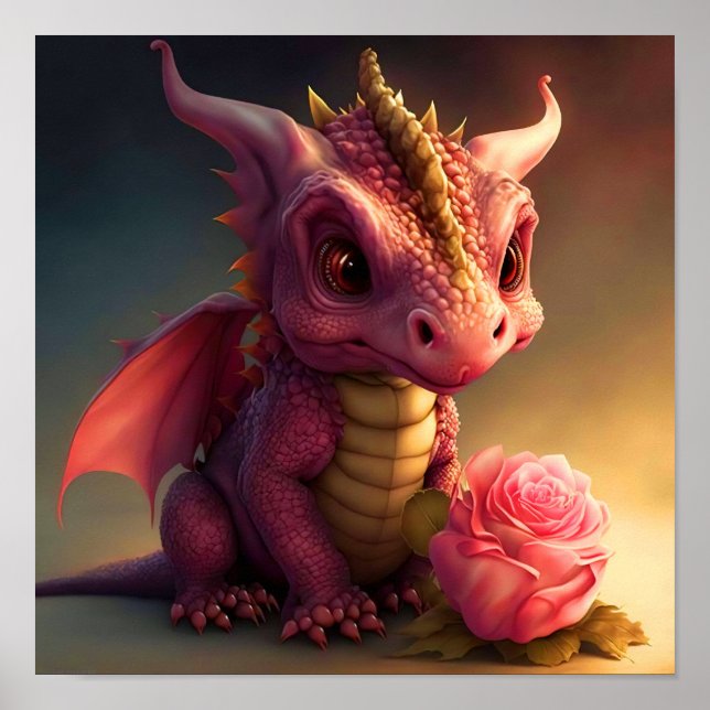 Affiche d'art Pinkie - Dragon rose avec une rose (Devant)