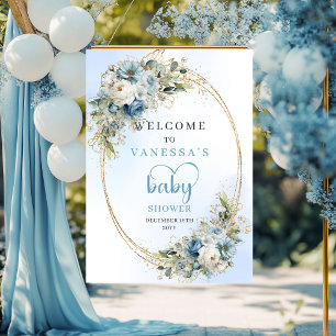 Affiche de Baby Shower Bleu Poussiéreux Élégant av
