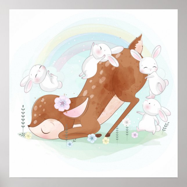 Affiche de bébé cerf avec bébés lapins (Devant)