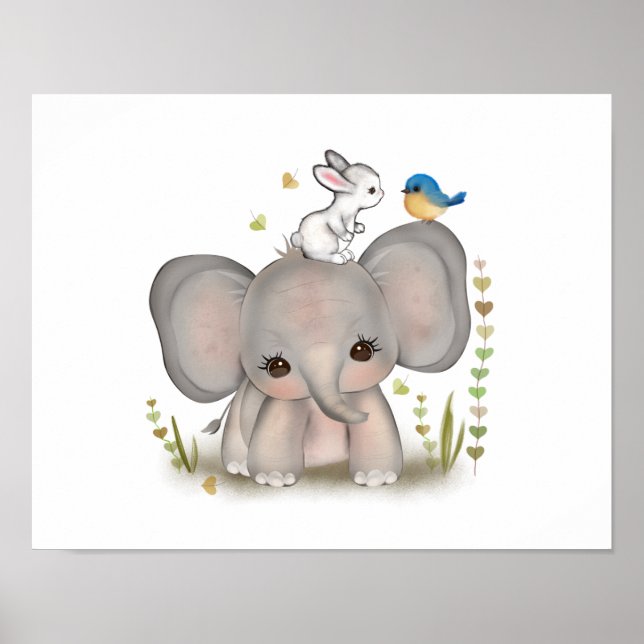 Affiche de bébé éléphant lapin mignon imprimé (Devant)