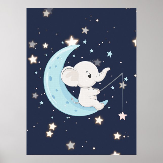 Affiche de bébé éléphant pêchant des étoiles (Devant)