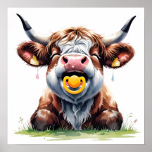 Affiche de bébé vache Highland florale rose