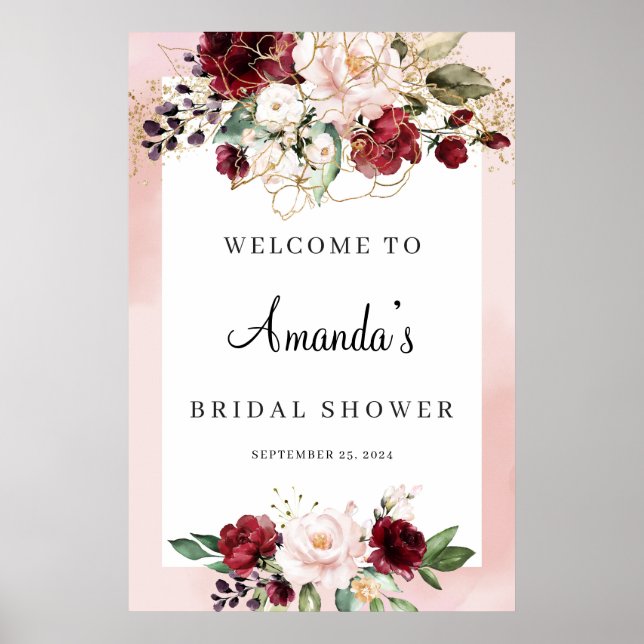 Affiche de bienvenue au mariage floral burgundy 24 (Devant)
