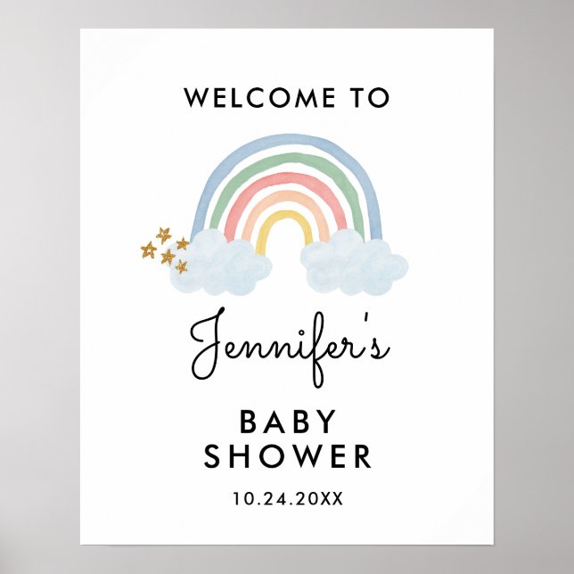 Affiche de bienvenue Baby shower arc-en-ciel aquar (Devant)