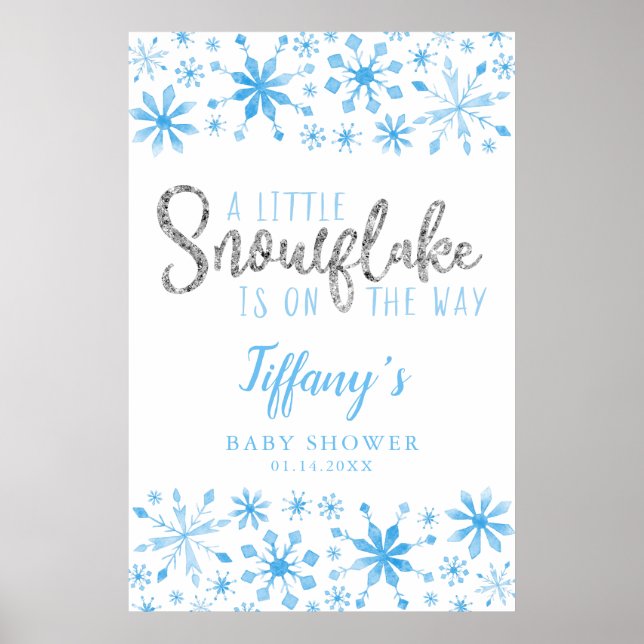Affiche de bienvenue Baby shower bleu Little Snowf (Devant)