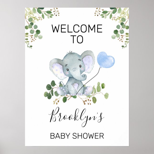 Affiche de bienvenue Baby shower Blue Balloon Elep (Devant)