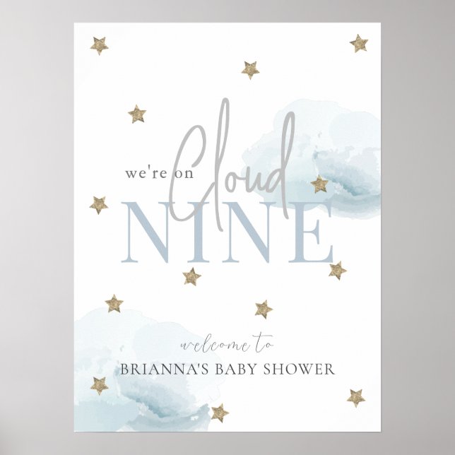 Affiche de bienvenue Baby shower Blue Cloud 9 étoi (Devant)