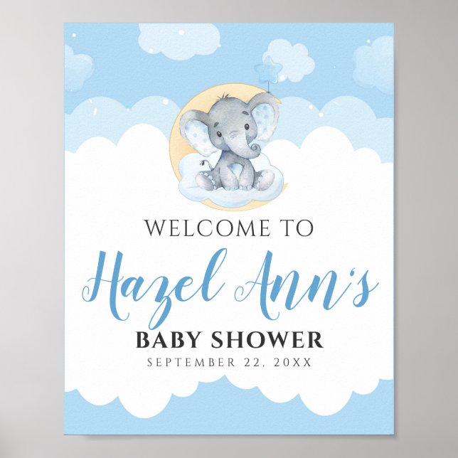 Affiche de bienvenue Baby shower Blue Elephant (Devant)