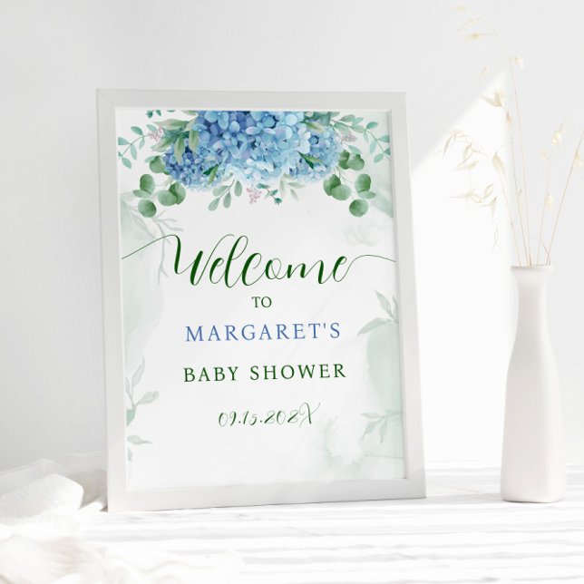 Affiche de bienvenue Baby shower Blue Hydrangea (Créateur téléchargé)