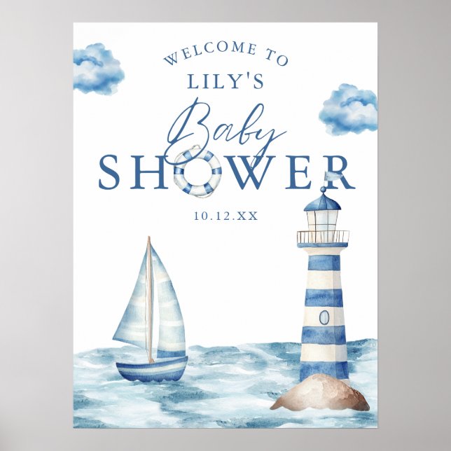 Affiche de bienvenue Baby shower de garçon nautiqu (Devant)