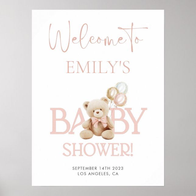 Affiche de bienvenue Baby shower de l'ours rose Te (Devant)