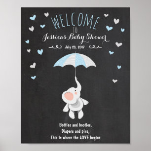 Affiche de bienvenue baby shower éléphant bleu gar