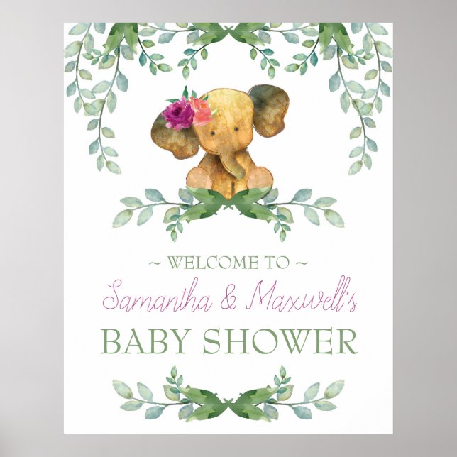 Affiche de bienvenue Baby shower Eléphant Fille Ve (Devant)