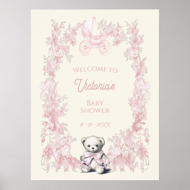 Affiche de bienvenue Baby shower en toile rose Ted (Devant)