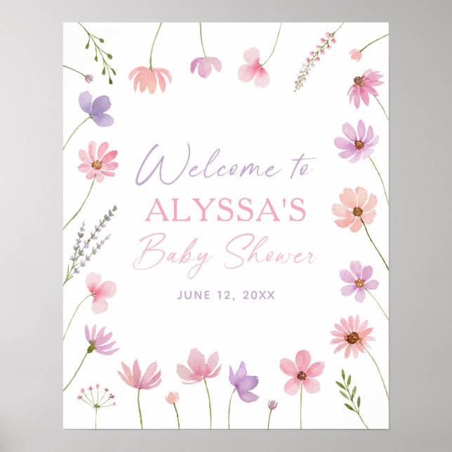 Affiche de bienvenue Baby shower Fleur sauvage ros (Devant)