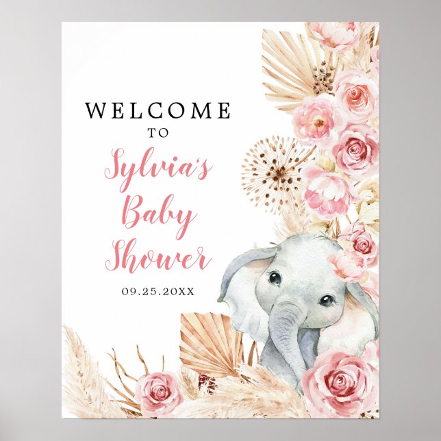 Affiche de bienvenue Baby shower rose Boho Elephan (Devant)