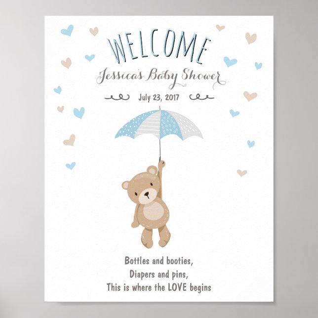 Affiche de bienvenue baby shower Teddy Bear Blue B (Devant)