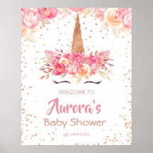 Affiche de bienvenue Baby shower Unicorn rose