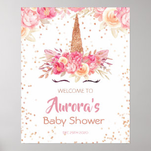 Affiche de bienvenue Baby shower Unicorn rose