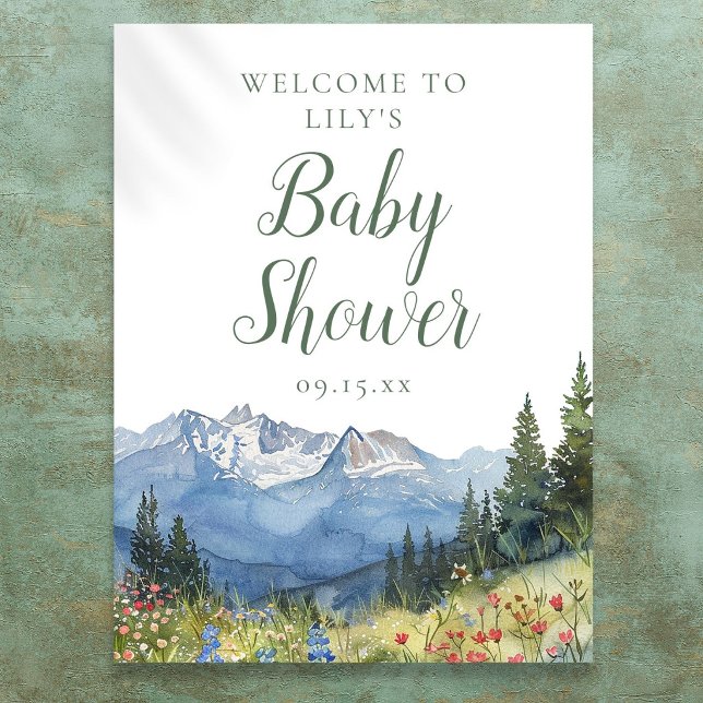 Affiche de bienvenue Baby shower Watercolor Mounta (Watercolor Mountain Baby Shower Welcome Sign)