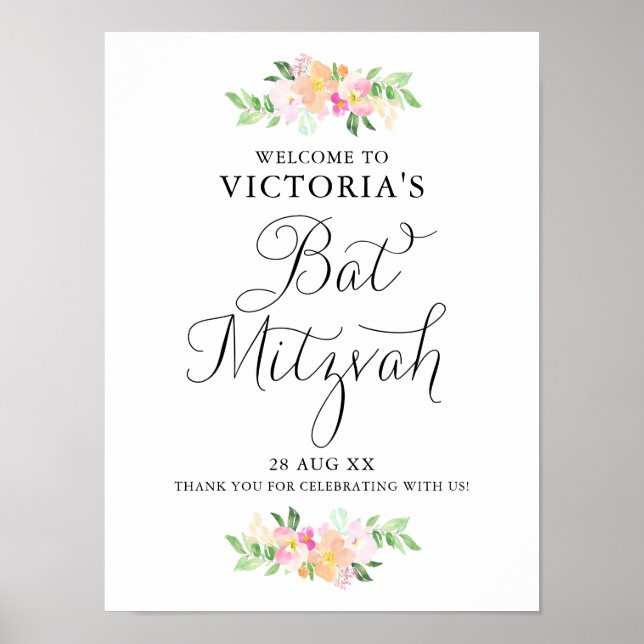 Affiche de bienvenue Bat mitzvah Dainty Watercolor (Devant)