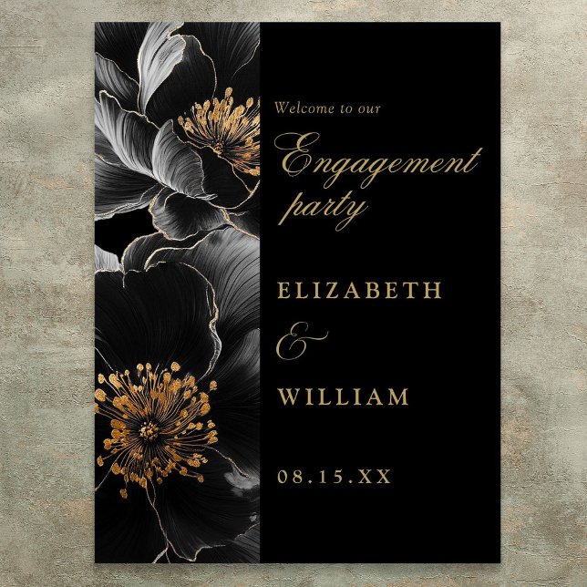 Affiche de bienvenue Black Gold Floral Engagement  (Black Gold Floral Engagement Party Welcome Sign)