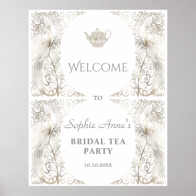 Affiche de bienvenue Chic Silver Peacock Bridal Te (Devant)